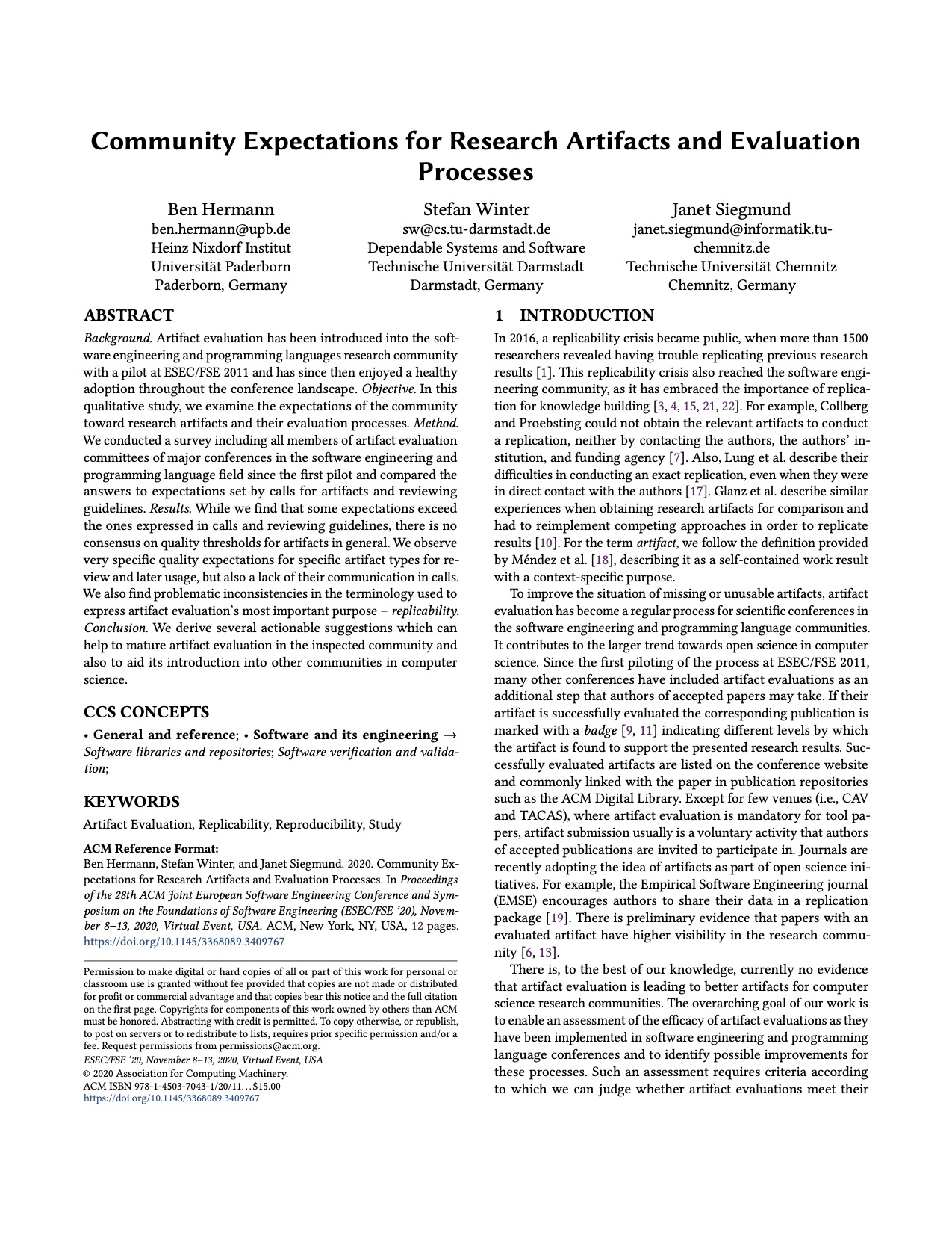 Community Expectations for Research Artifacts and Evaluation Processes (Paper Preprint)